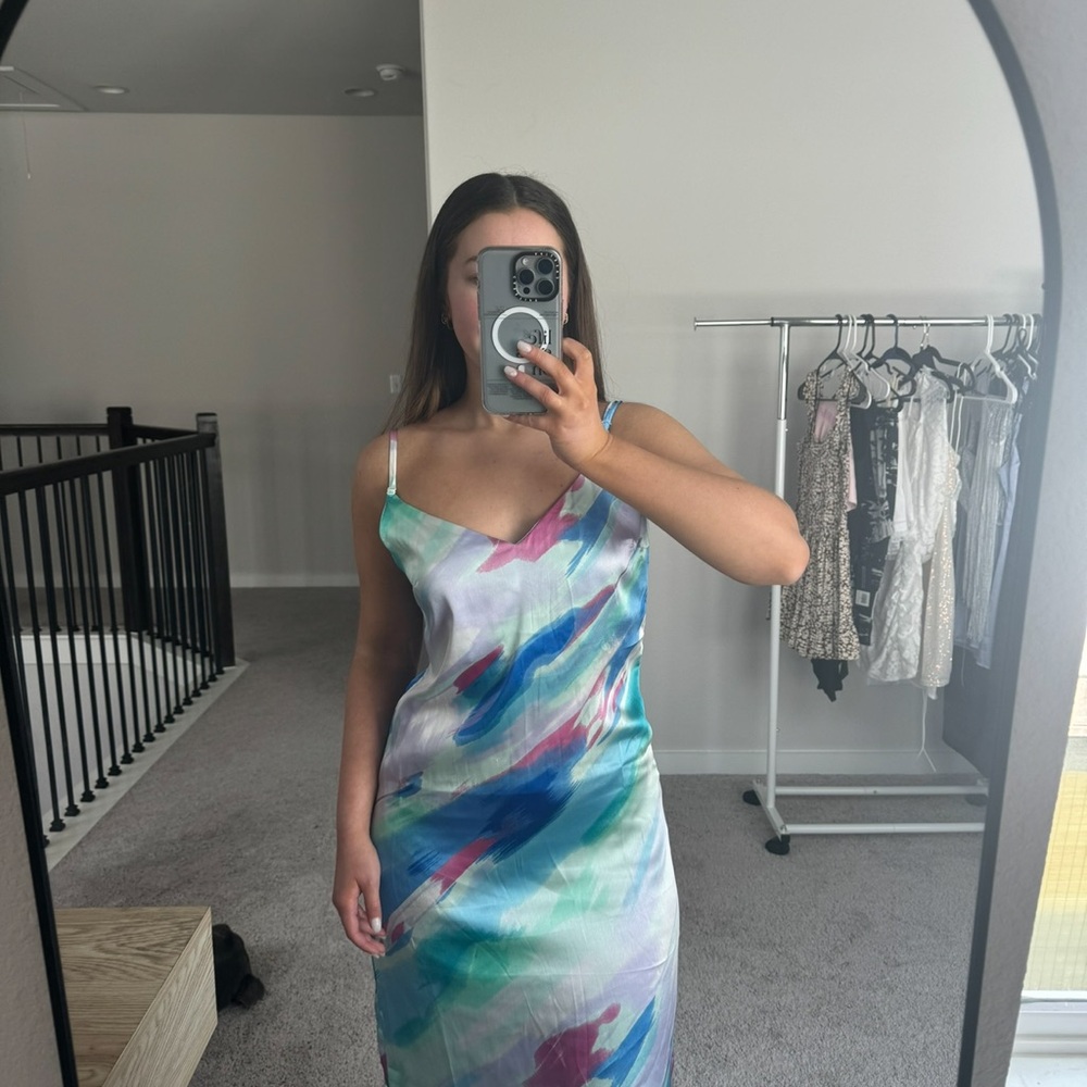 Blue Watercolor Silk Midi Dress - Picture 3 of 8